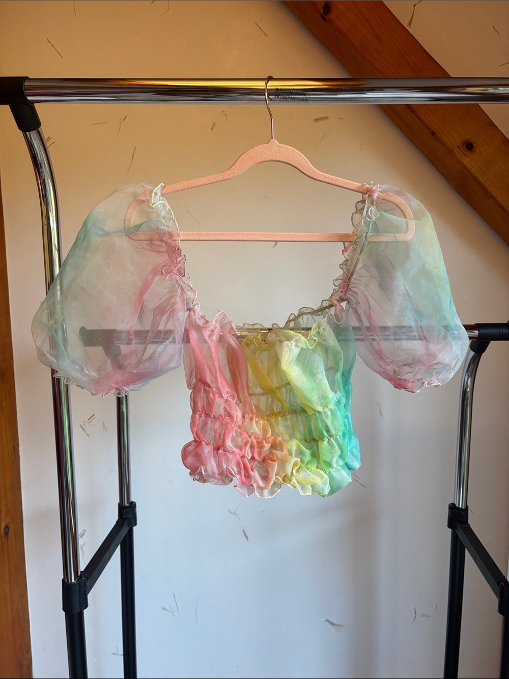 Rainbow Pastel Tie-Dye Puff-Sleeve Sheer Crop Top - Multicolor